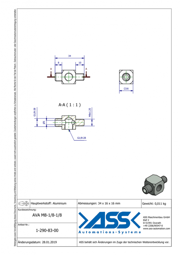 Dimensions AVA 8-1/8-1/8/ Adaptateur mâle pour ventouse avec insert G1/8, montage sur vérin KHZ