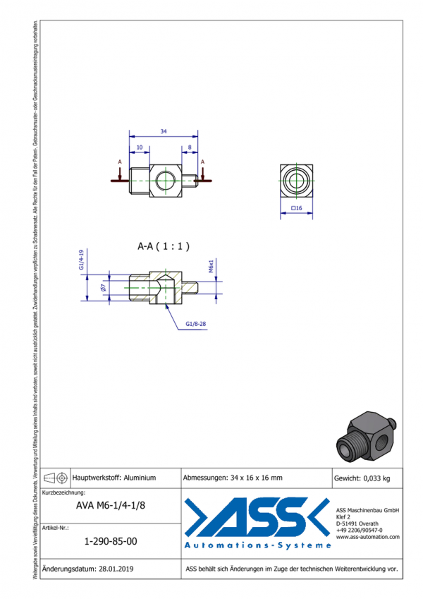 Dimensions AVA 6-1/4-1/8/ Adaptateur mâle pour ventouse avec insert G1/4, montage sur vérin KHZ