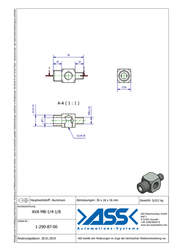Dimensions AVA 8-1/4-1/8/ Adaptateur mâle pour ventouse avec insert G1/4, montage sur vérin KHZ