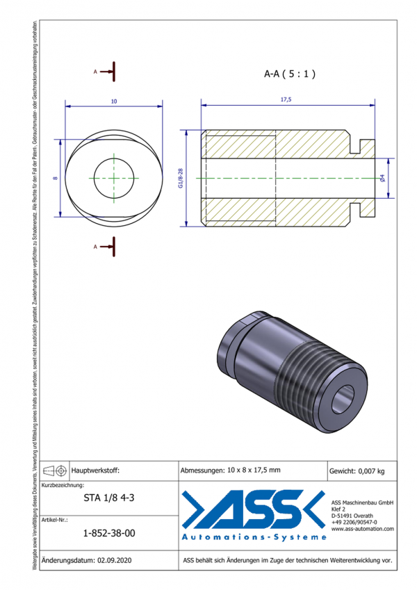 Dimensions STA 1/8 4-3/ Raccord pneumatique droit G1/8 / Ø4mm