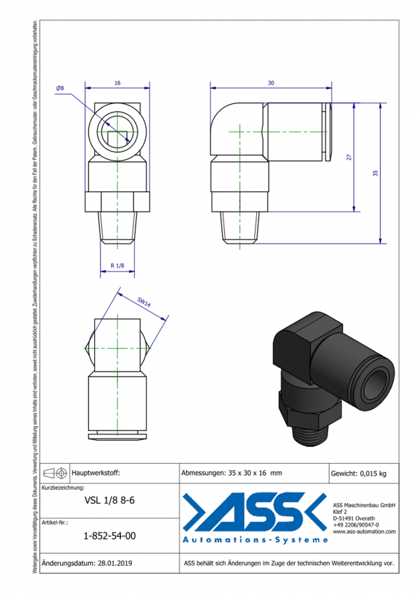 Dimensions VSL 1/8 8-6/ Raccord pneumatique coudé G1/8 / Ø8mm