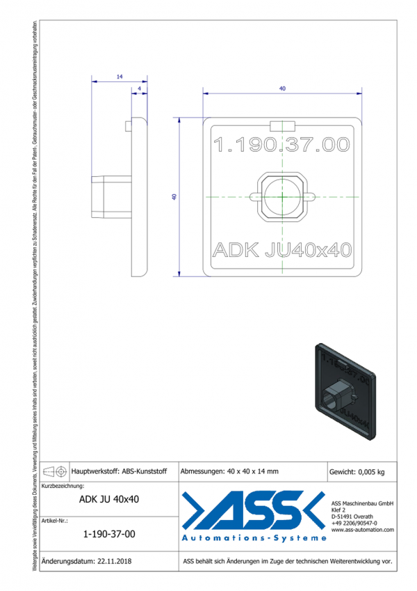 Dimensions ADK JU 40-40/ Capuchon de profilé JU 40-40