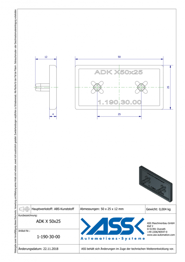 Dimensions ADK X 50-25/ Capuchon de profilé X 50-25
