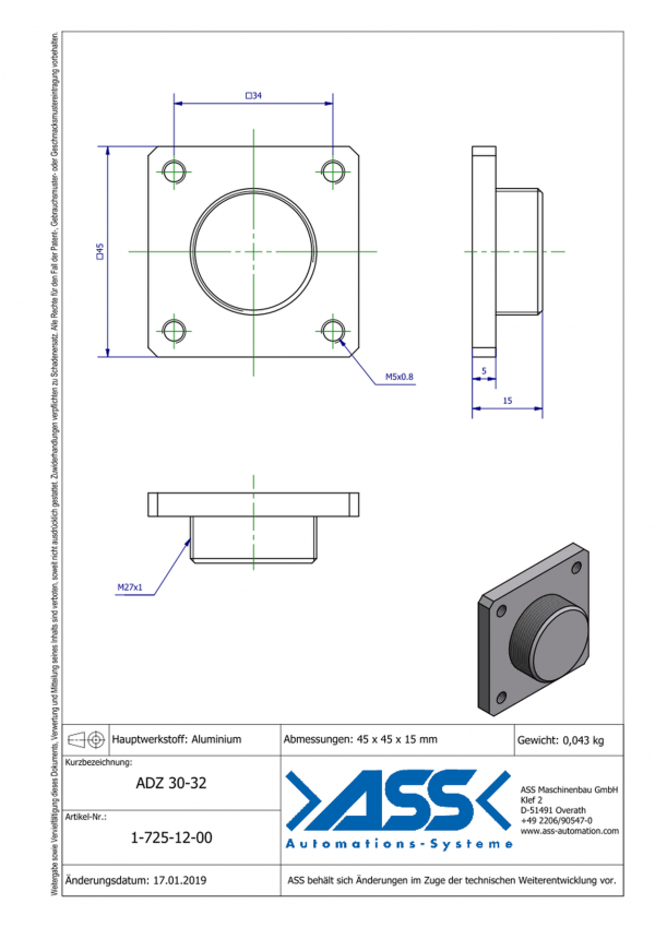 Dimensions ADZ 30-32/ Support de vérin KHZ / SZD Ø32mm pour rallonge VLR 30