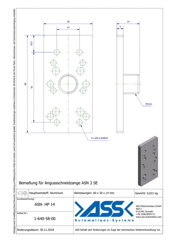 Dimensions ASN HP 14 Support de coupe carotte ASN 3 SE pour rallonge VLR 14