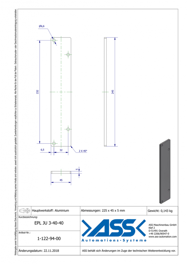 dimensions EPL JU 3-40-40 Plaque de liaison en bout de profilés