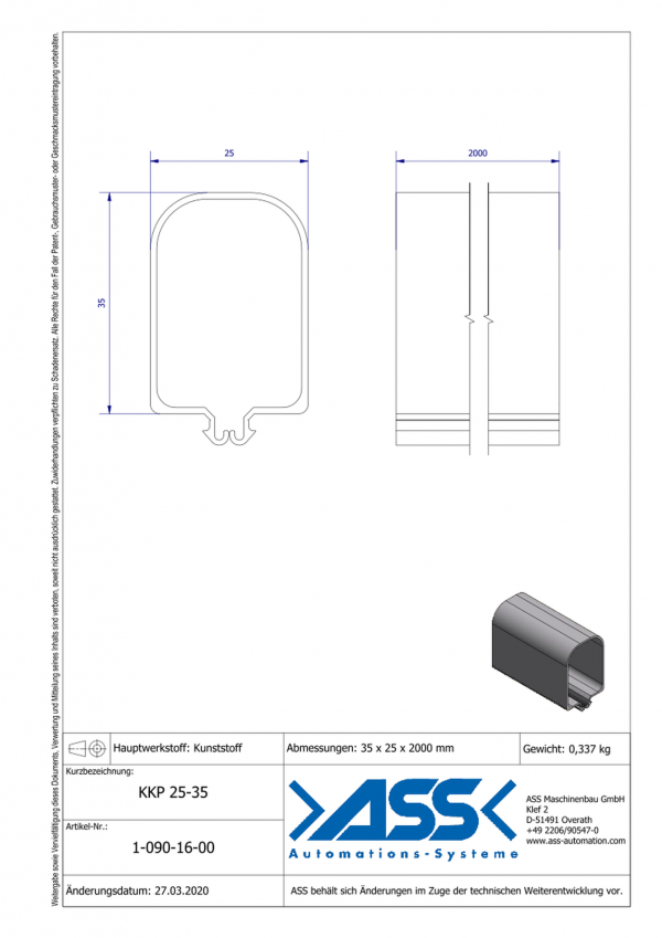 Dimensions KKP 25-35/ Fourreau plastique pour profilé (utilisation sur machine fixe)