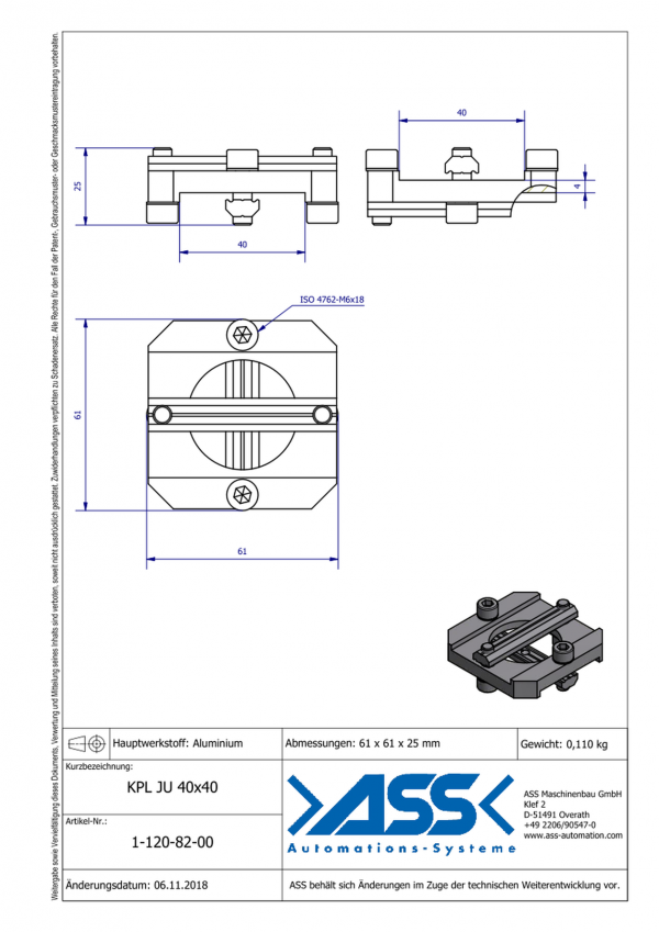 dimensions KPL JU 40-40 Plaque de fixation anti-rotation de 2 profilé