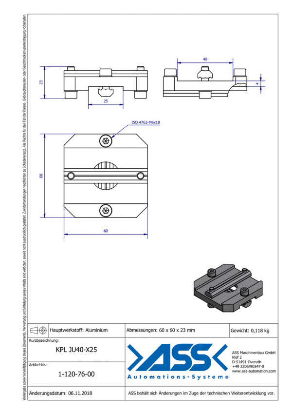 dimensions KPL JU 40-X 25 Plaque de fixation anti-rotation de 2 profilé