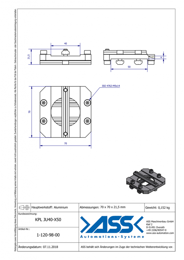 dimensions KPL JU 40-X 50 Plaque de fixation anti-rotation de 2 profilé