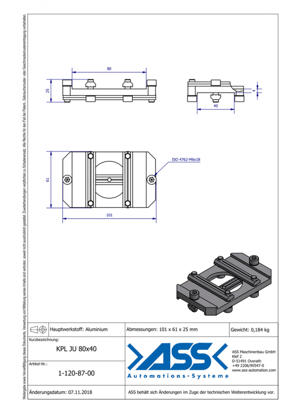 dimensions KPL JU 80-40 Plaque de fixation anti-rotation de 2 profilé