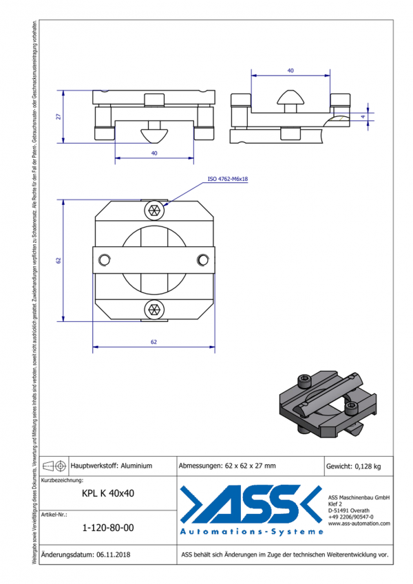 dimensions KPL K 40-40 Plaque de fixation anti-rotation de 2 profilé