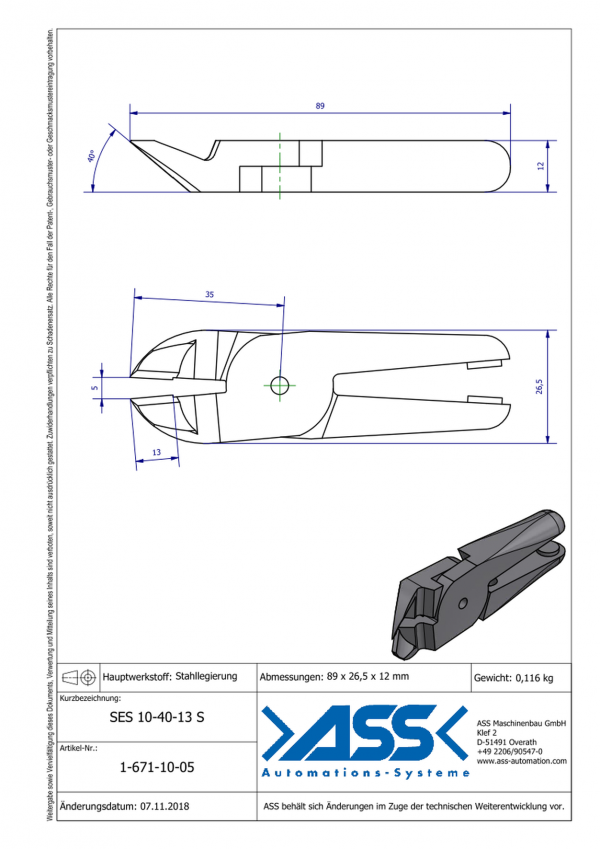 Dimensions SES 10-40-13S Lames de coupe avec angle 40° en alliage d'acier pour corps de coupe carotte ASN 10