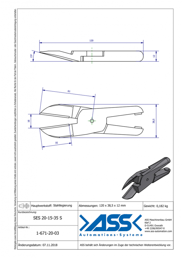 Dimensions SES 20-15-35S Lames de coupe avec angle 15° en alliage d'acier pour corps de coupe carotte ASN 20