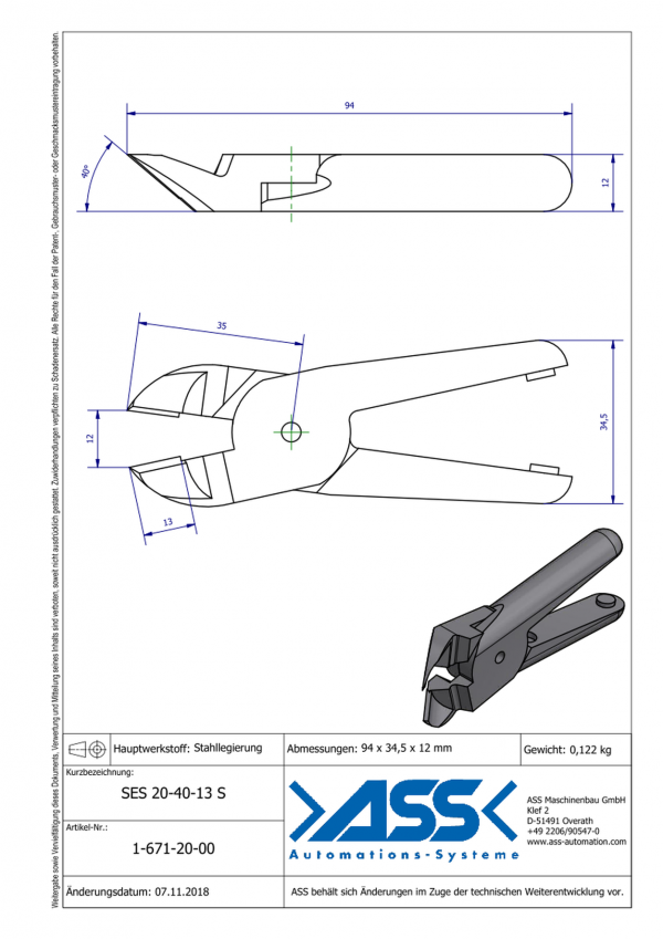 Dimensions SES 20-40-13 S Lames de coupe avec angle 40° en alliage d'acier pour corps de coupe carotte ASN 20