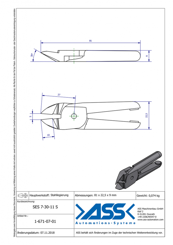 Dimensions SES 7-30-11S Lames de coupe avec angle 30° en alliage d'acier pour corps de coupe carotte ASN 7 AQ