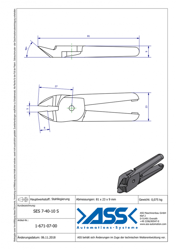 Dimensions SES 7-40-10S Lames de coupe avec angle 40° en alliage d'acier pour corps de coupe carotte ASN 7 AQ