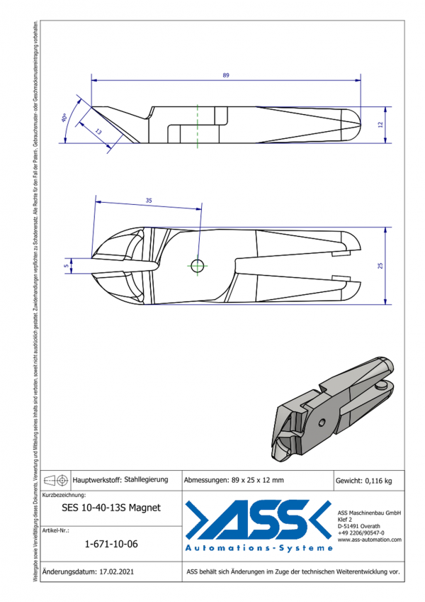 Dimensions SES10-40-13S Aimant Lames de coupe avec angle 40° en alliage d'acier pour corps de coupe carotte ASN 10