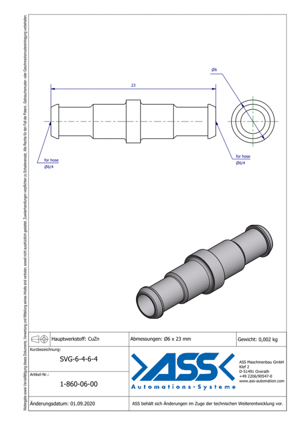 Dimensions SVG 6-4-6-4/ Manchon droit pour tuyau pneumatique Ø6 / Ø6mm