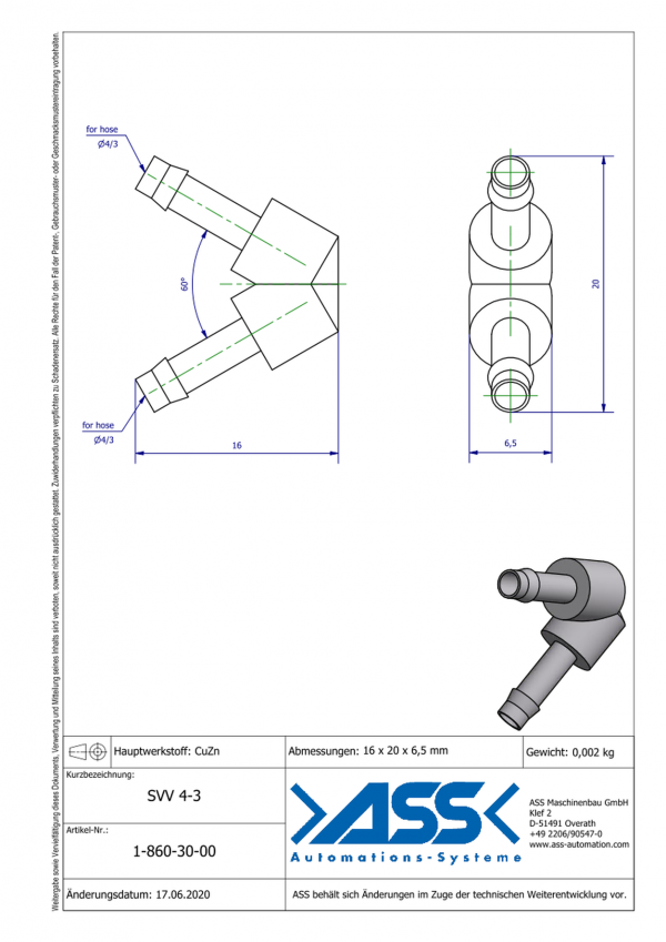 Dimensions SVV 4-3/ Manchon en V pour tuyau pneumatique Ø4mm