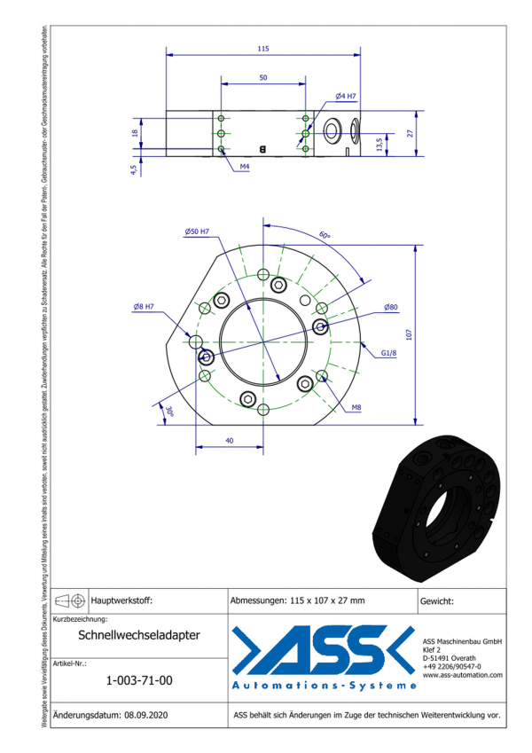 Dimensions SWA-040/ Système de changement rapide Ø115mm, automatique, côté main