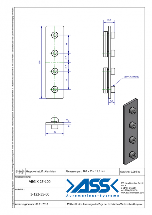 dimensions VBG X 25-100 Plaque de liaison droite