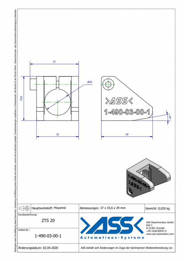 dimensions ZTS 20 PA Guide Ø20mm pour doigt de préhension GRF 20-95