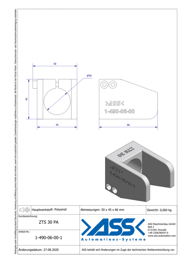 Dimensions ZTS 30 PA Guide Ø30mm pour doigt de préhension GRF 30-95